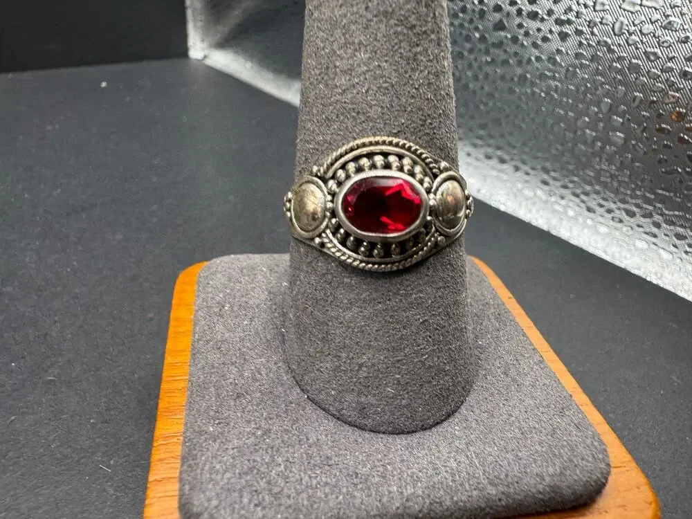 Vintage 925 Sterling Silver Red Garnet Glass Ring Boho Southwest Braided Size 10